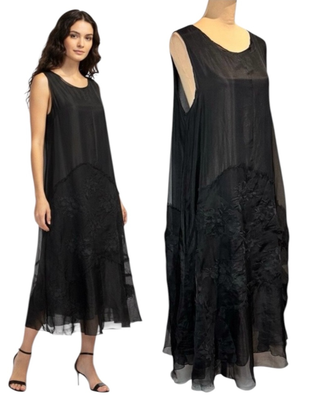 Johnny Was Embroidered Silk Organza Black Midi Dress Sz L Sheer Cocktail Event